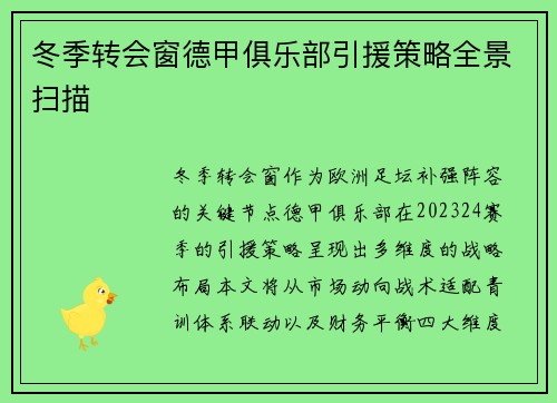 冬季转会窗德甲俱乐部引援策略全景扫描