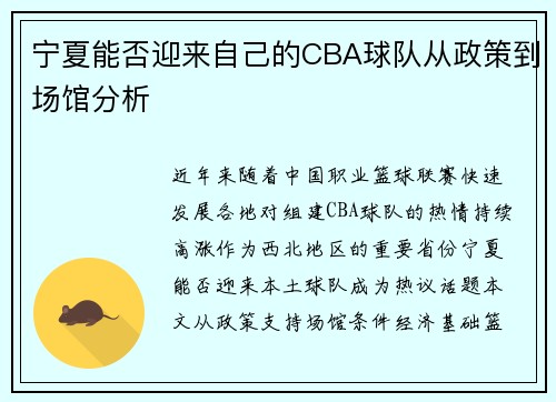 宁夏能否迎来自己的CBA球队从政策到场馆分析