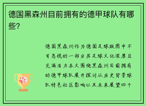 德国黑森州目前拥有的德甲球队有哪些？