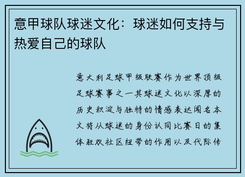 意甲球队球迷文化：球迷如何支持与热爱自己的球队